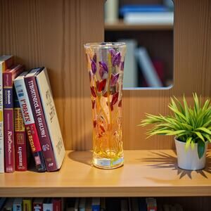 Hand-painted Murano Glass Vase with Floral Design by Vinciprova. 7” H